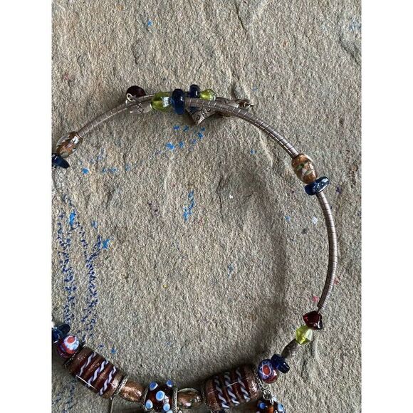 Collar Necklace Glass Beads Metallic Silver Tone Artisan Blue Brown Green - Picture 6 of 8
